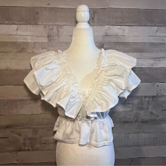 Zara White Ruffle Flounce Sleeve V-Neck Peplum Top - Picture 4 of 11